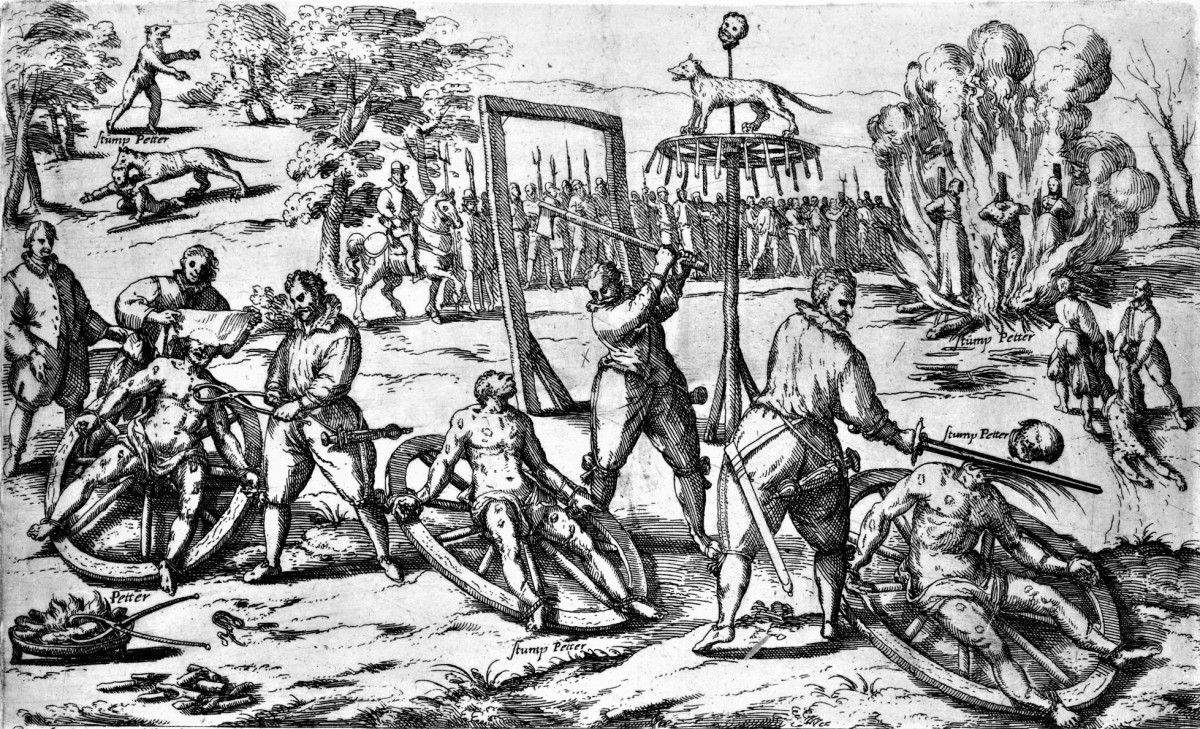 Peter Stubbe is executed by being tied to a wheel, flayed alive and beheaded.