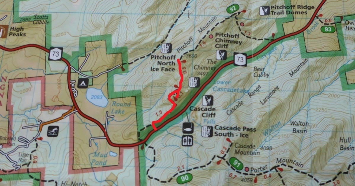 The overview of the route as shown in the High Peaks Adirondack Trail Map