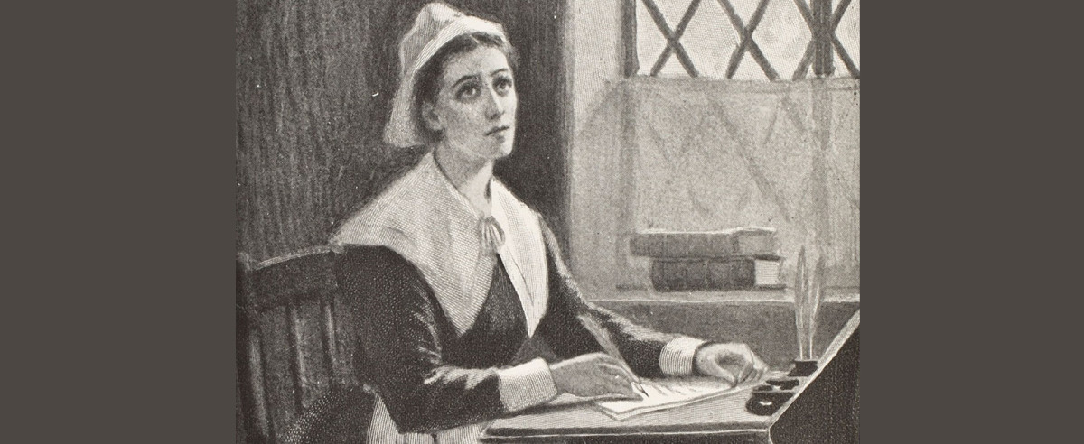 A portrayal of Anne Bradstreet sitting with her notebook and thoughts. 