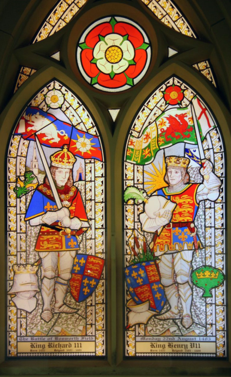 Stained glass image of Richard III versus Henry VII at the Battle of Bosworth Field, found in Cardiff Castle, United Kingdom