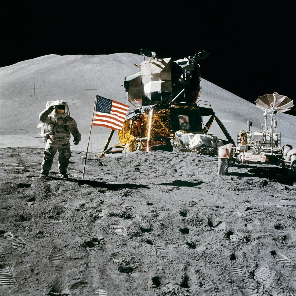 The Apollo 15 moon landing (1971): Shown here is James Irwin, the 8th man to walk on the moon during the 4th human lunar landing.