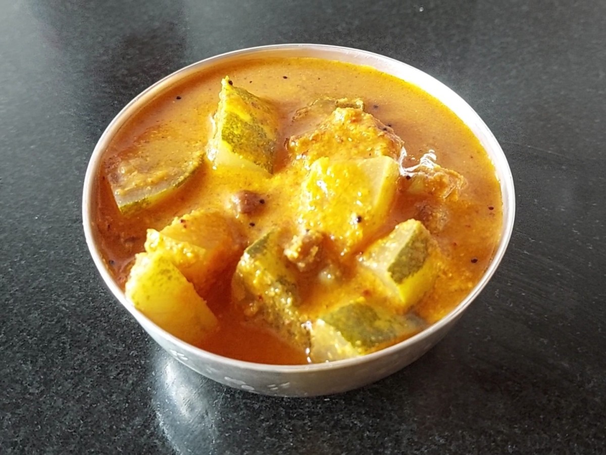 Mangalore cucumber and brown chana sambar is ready to serve. Serve hot with rice, dosa or idli.
