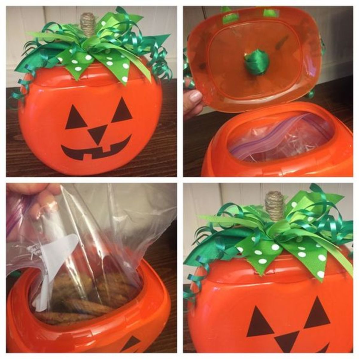 Recycle an old tide pod container into a pumpkin cookie jar! Place cookies in plastic bag inside. Stick on jack o lantern face. And cut strips of different green ribbon then stick in a twine covered stem through a hole cut in the top and attach with 