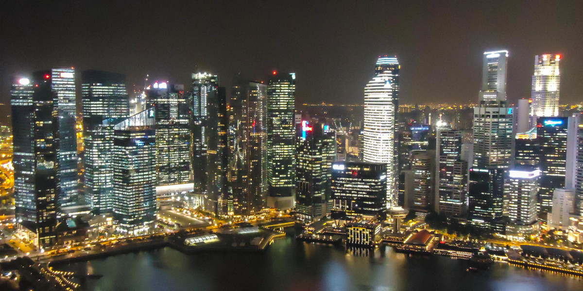 The Singapore skyline at night viewed from the Skypark at Marina Bay Sands Hotel