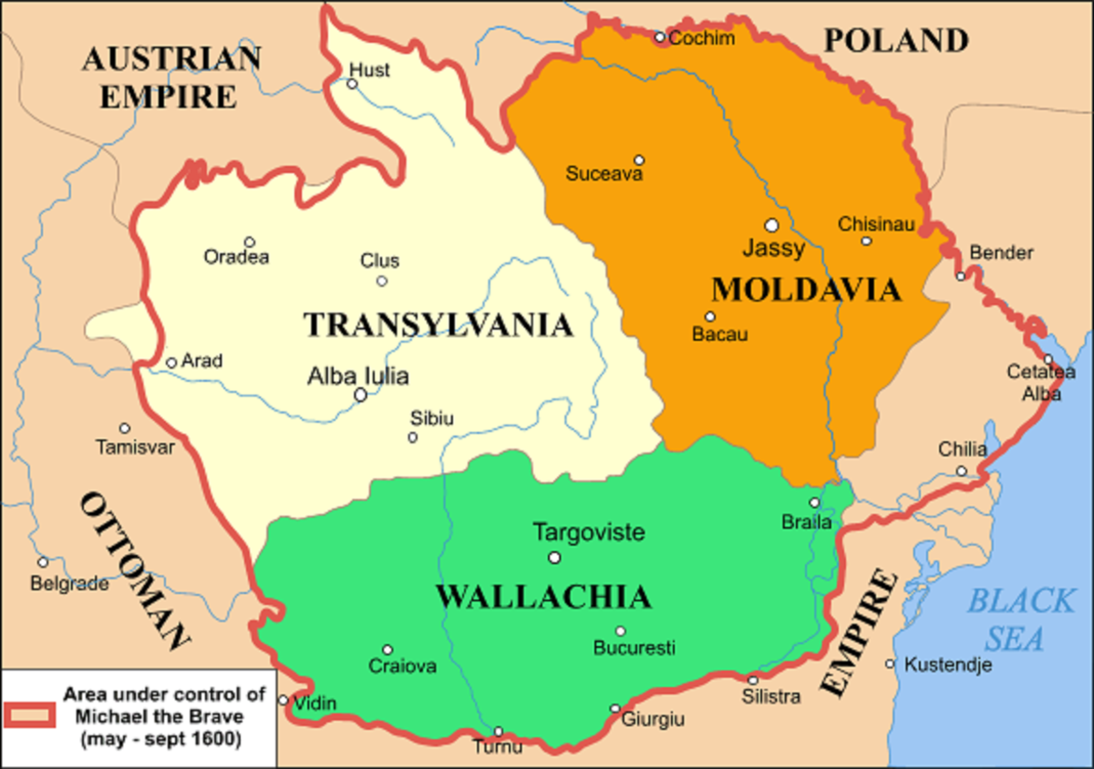 The locations of Transylvania, Wallachia and the Ottoman Empire.