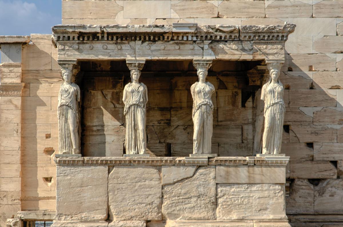 Caryatids of the Erechtheion temple on the Acropolis in Athens, Greece. 
