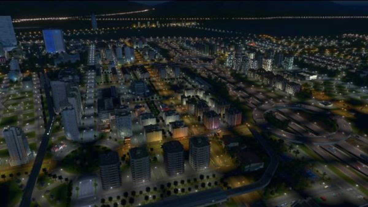 A city at night in "Cities Skylines".