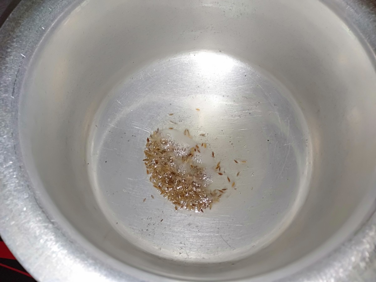 Heat oil in a cooking pot. Add in the cumin seeds. 