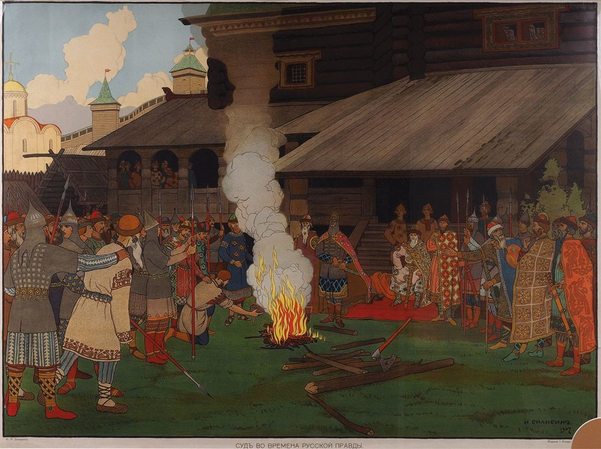 The ancient Rus had a ritual similar to that described below. The accused must pull a hot iron out of the fire. If he does so without being burnt, he is innocent. If not, he gets the sword, which the Grand Duke clutches in readiness.