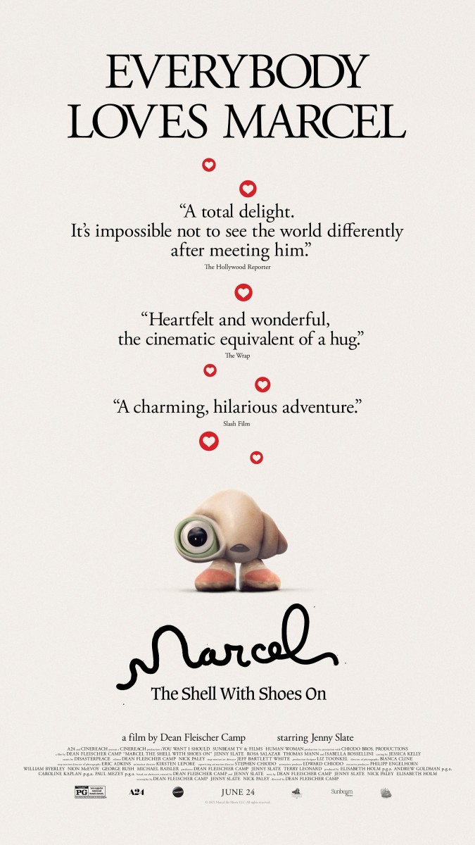 The official theatrical payoff poster for, "Marcel the Shell with Shoes On."