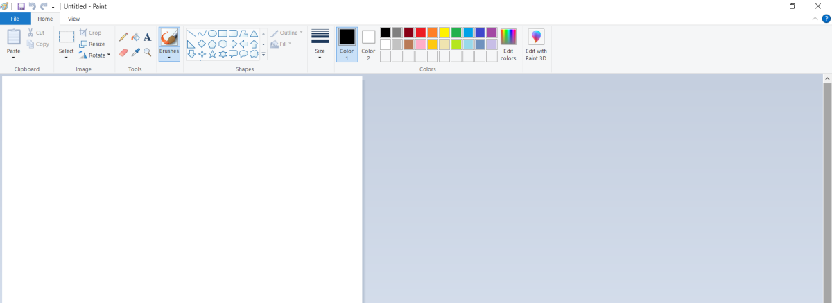 When you open Paint, you see a standard blank canvas with menus and icons for the tools.
