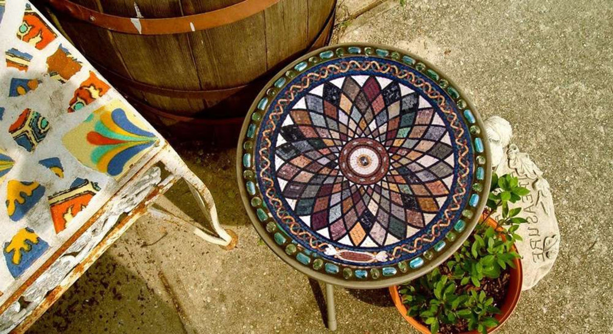 Garden table with a mosaic top. 