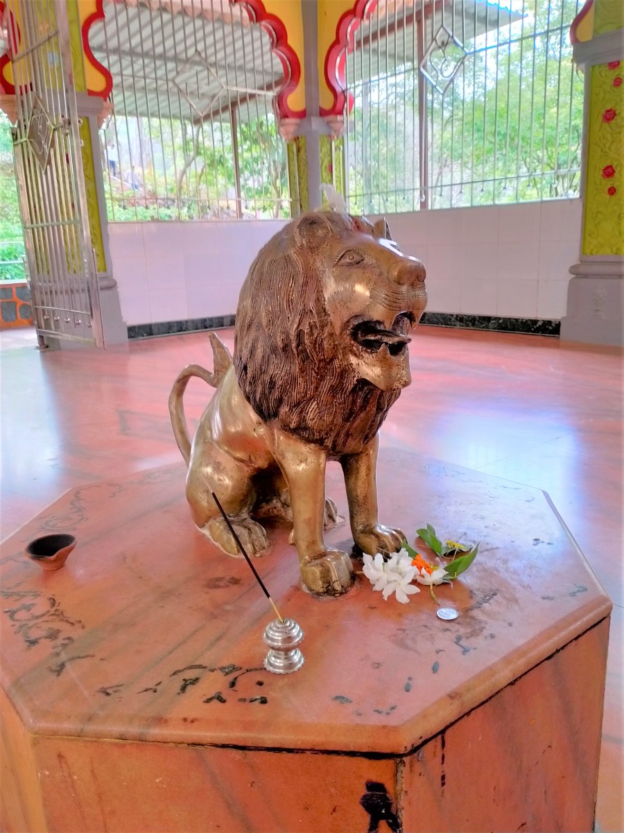 Brass lion, the mount of the Goddess;  Jagmata temple; Tungareshwar