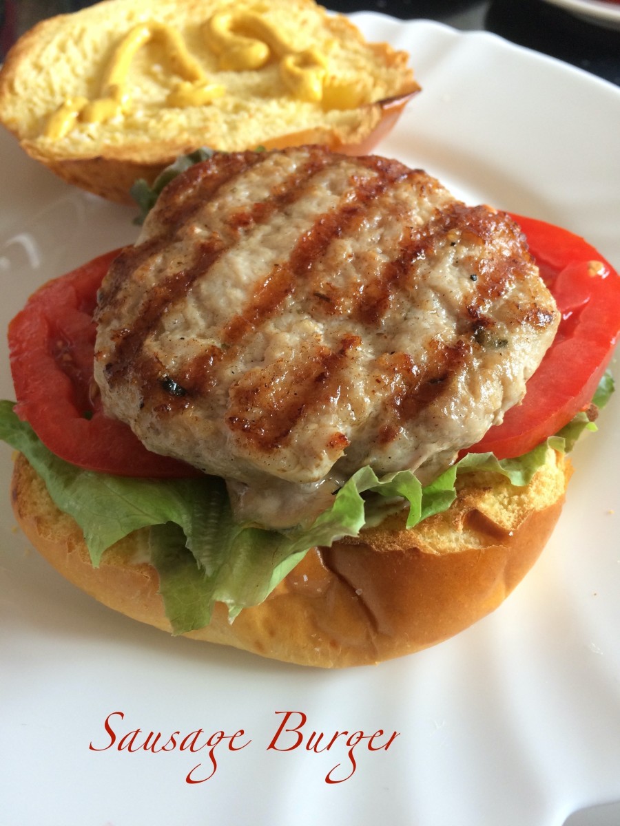 Pork sausage burger with all the fixings