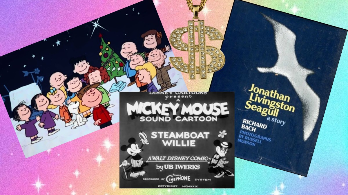 A Charlie Brown Christmas, Steamboat Willie, and Jonathan Livingston Seagull, three different artworks bound by copyright law.