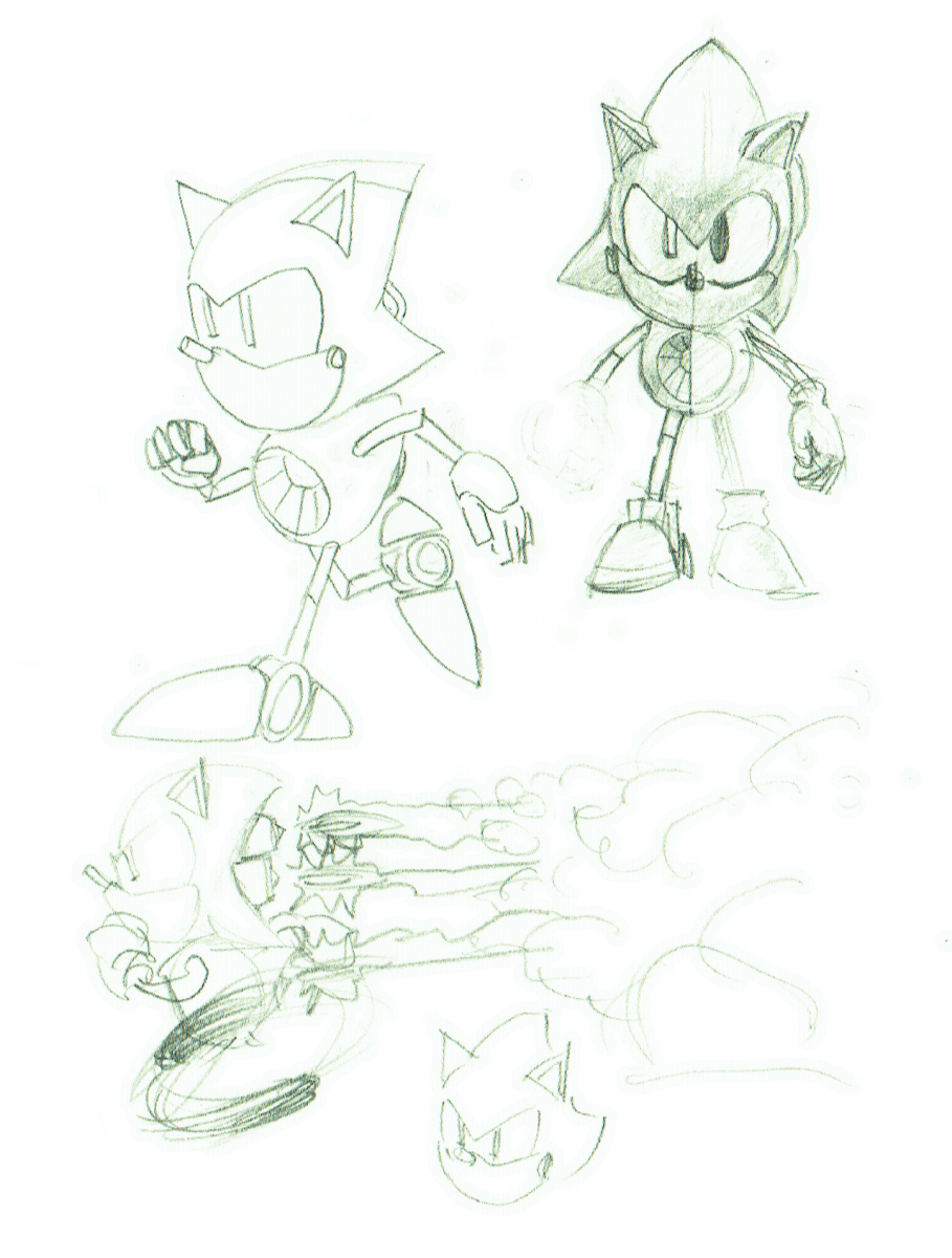 Early concept art of Amy Rose and Metal Sonic