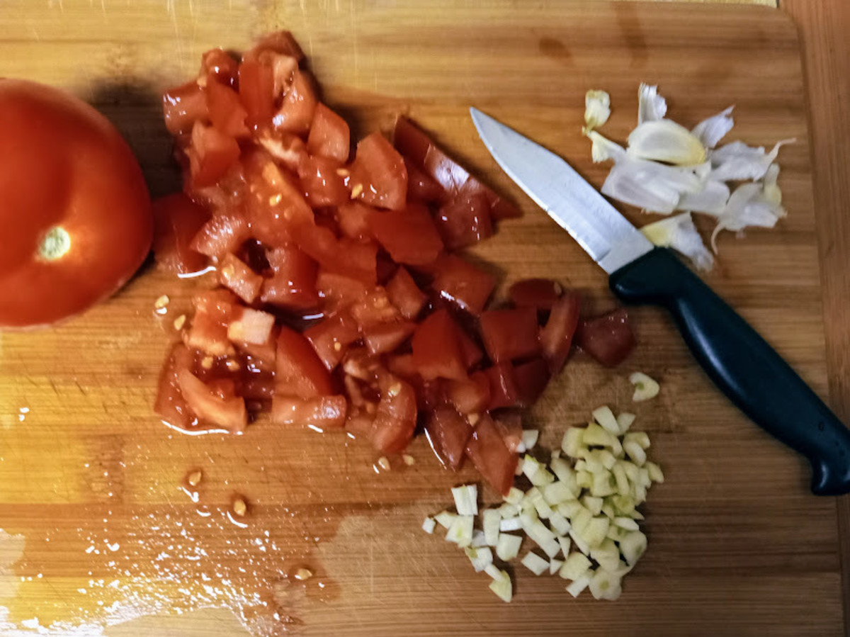 I prep the sauce ingredients in advance or as the pasta is cooking.