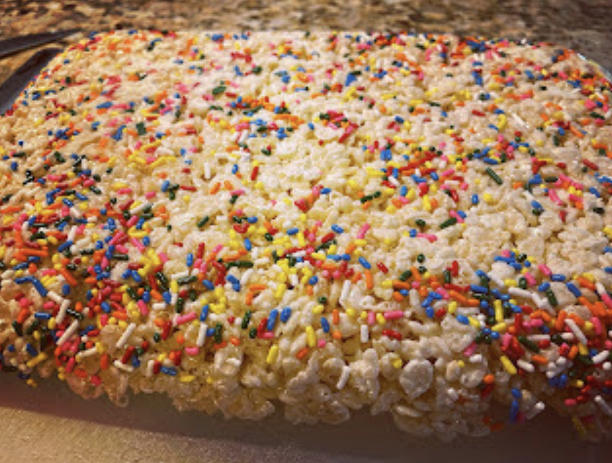 Rice Krispie treats packed with colorful sprinkles and a special secret ingredient
