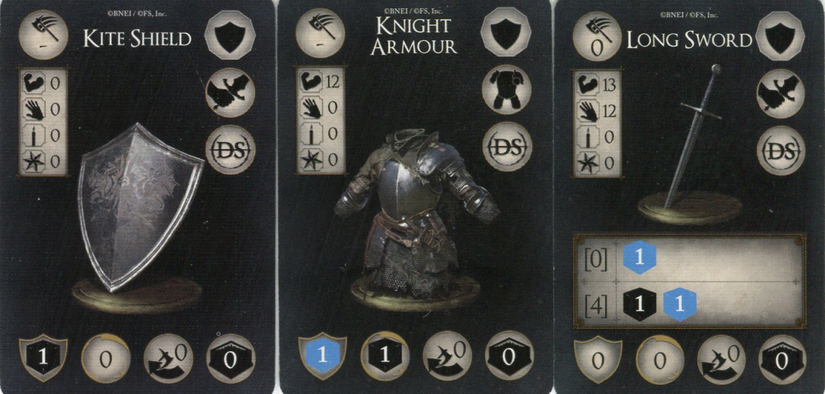 The Knight's starting equipment cards.