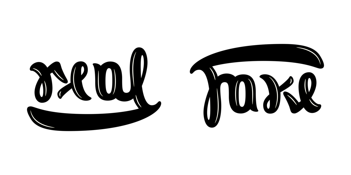 A glass door ambigram reading "Real/Fake"