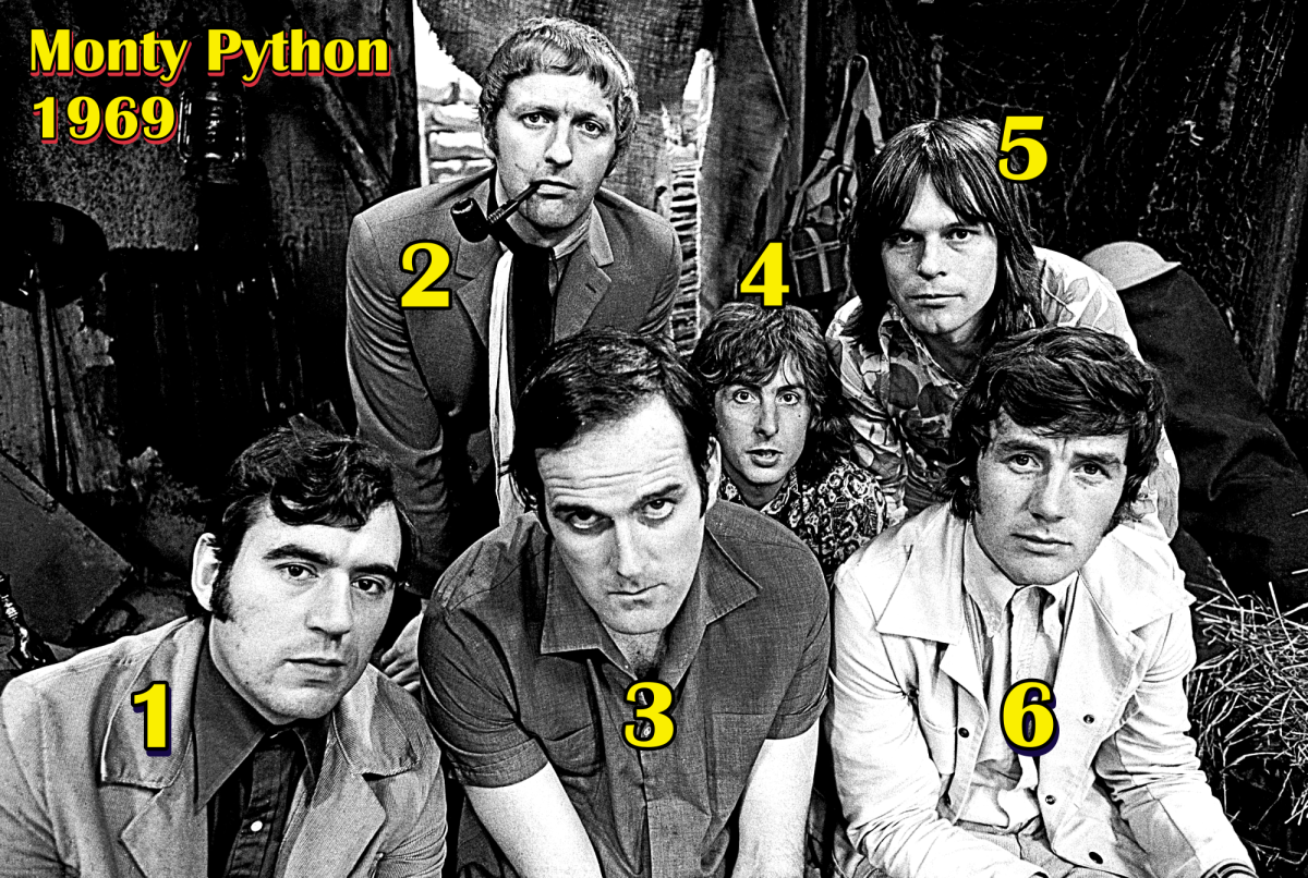 1. Terry Jones, 2. Graham Chapman, 3. John Cleese, 4. Eric Idle, 5. Terry Gilliam, 6. Michael Palin