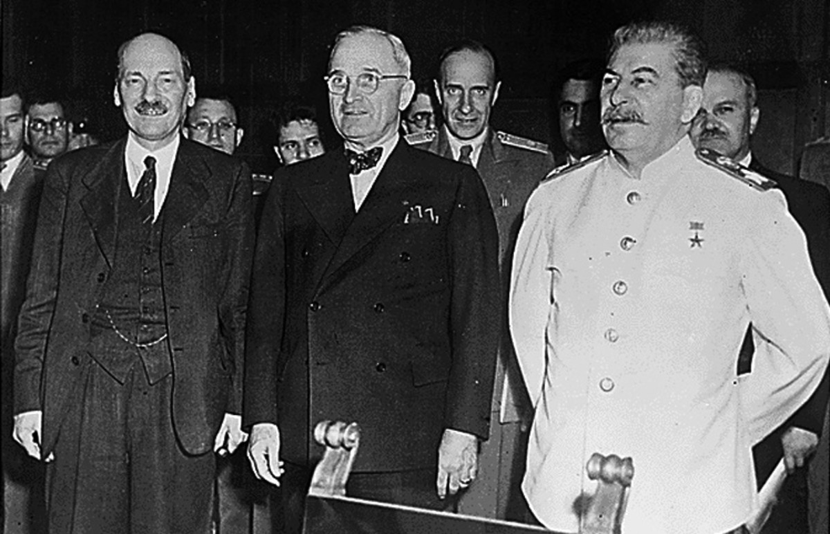Harry Truman stands beside his nemesis, Joseph Stalin, at the Potsdam conference in 1945.