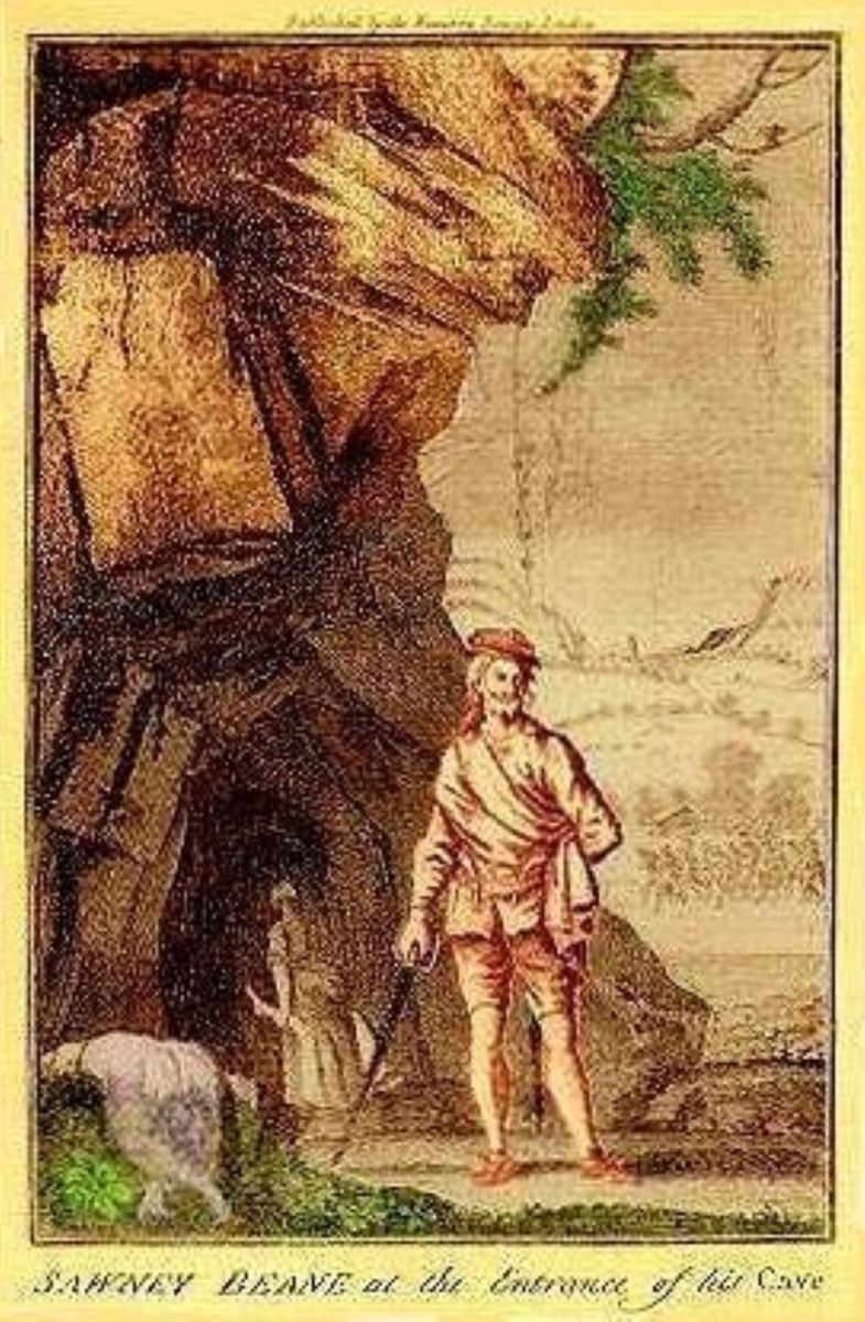 Sawney Bean at the entrance of his cave.