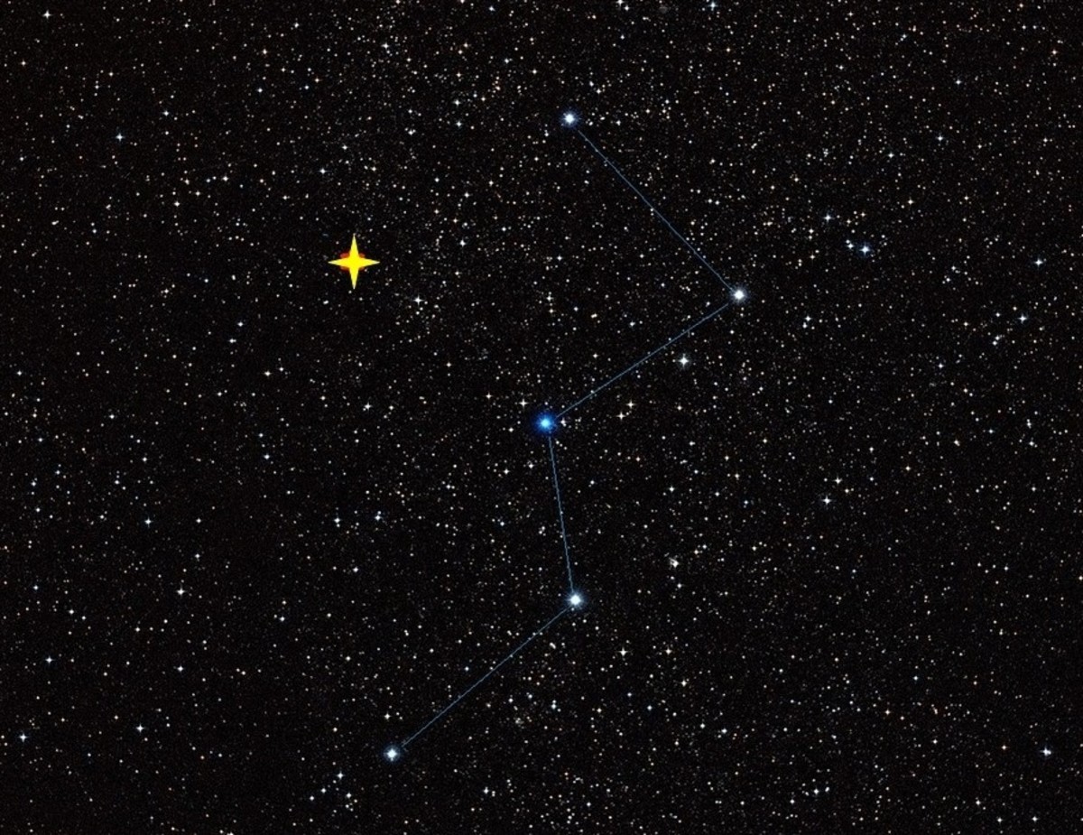 The constellation Cassiopeia. The yellow star represents what the supernova of 1572 might have looked like to Tycho Brahe.