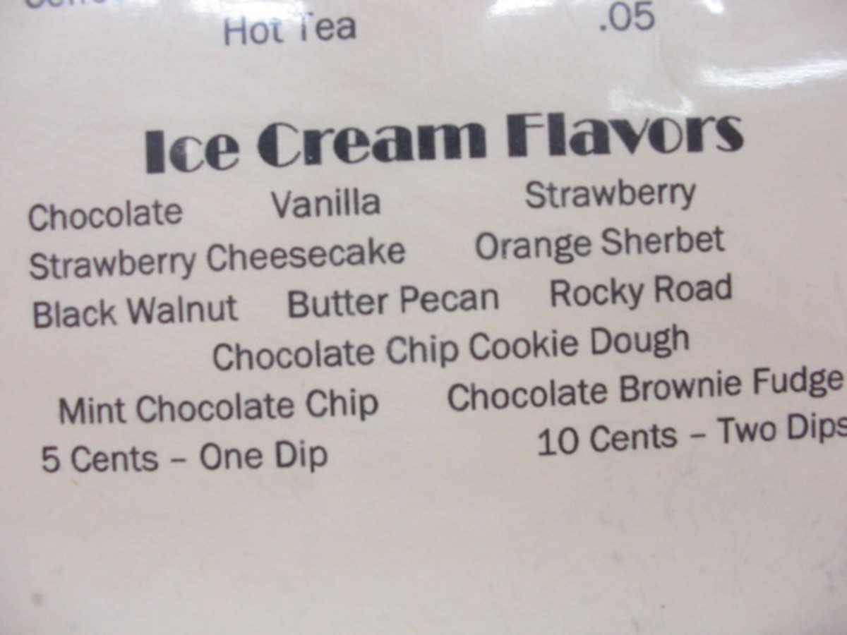 An ice cream menu from Ava Drug Store
