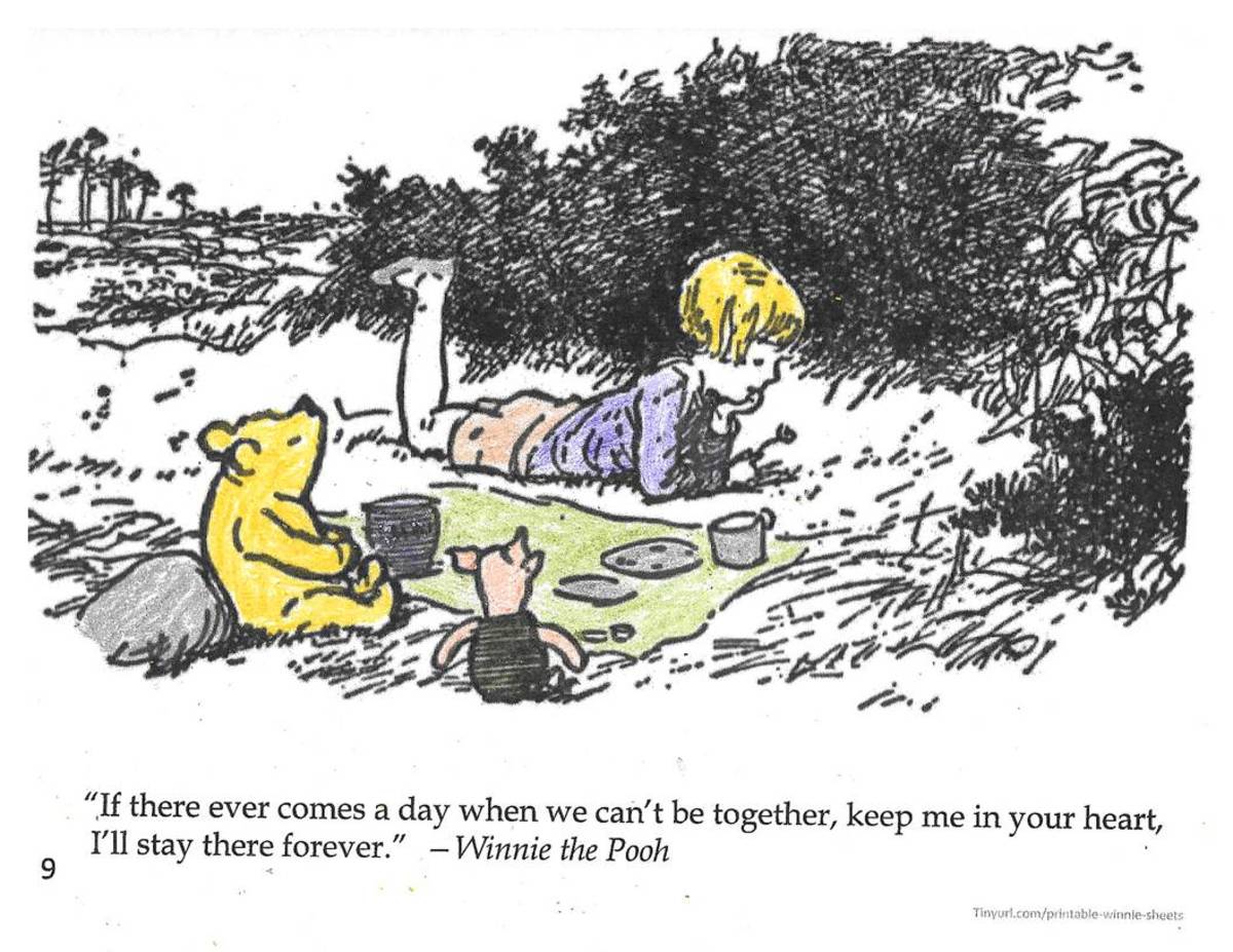 This is a completed sample of coloring sheet # 9 on the pdf document. The picture shows Winnie-the-Pooh, Christopher Robin, and Piglet.