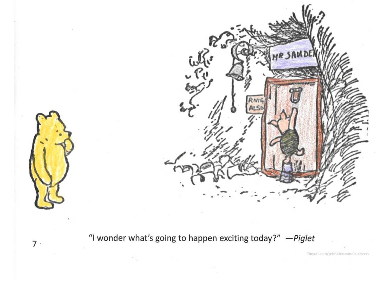 This is a completed sample of coloring sheet # 7 on the pdf document. The picture shows Winnie-the-Pooh and Piglet.