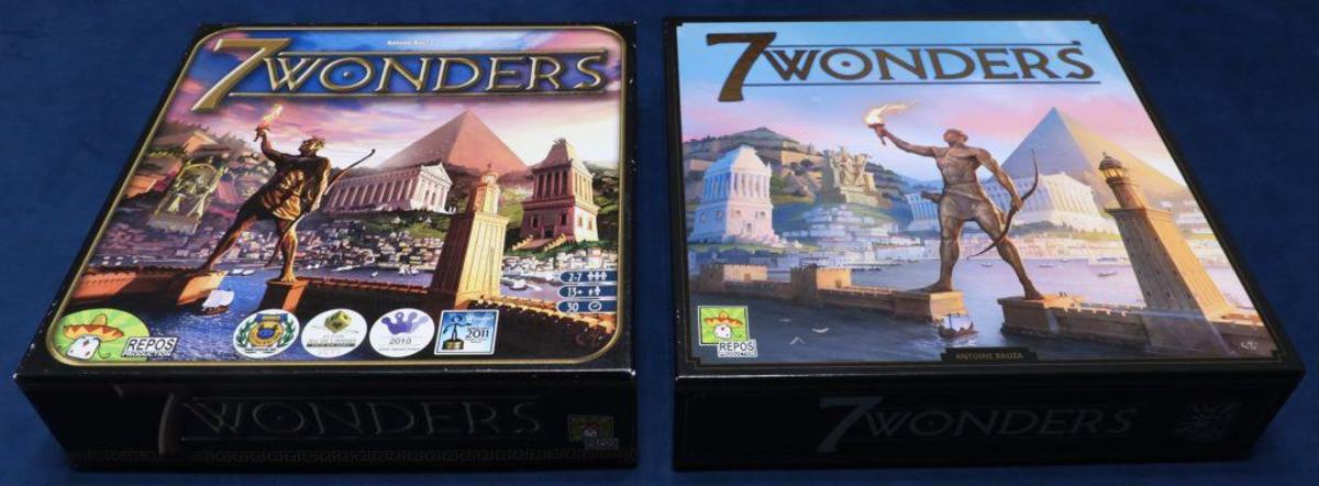 The box of the first edition of 7 Wonders compared to the box of the new second edition. Quite a lot of art changes to go with gameplay changes, but both games are outstanding.