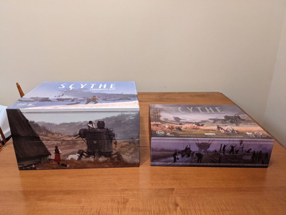 The base game for Scythe (right) and a special edition box (left) for when you want to break out the post–World War I dark humor Mecha dystopia.
