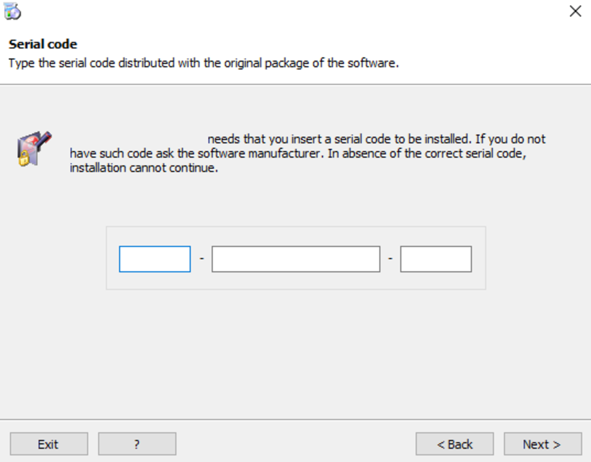 An installer built with CyberInstaller Suite prompts a serial code to proceed with the installation.
