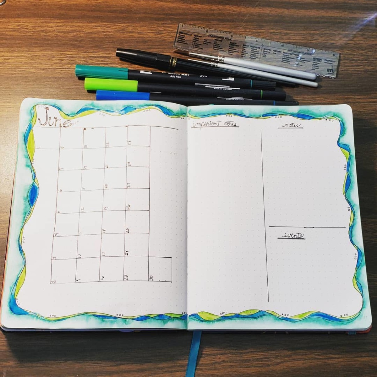 This bullet journal page uses Tombow dual brush pens, a carbon pen, and paint brushes to add water.