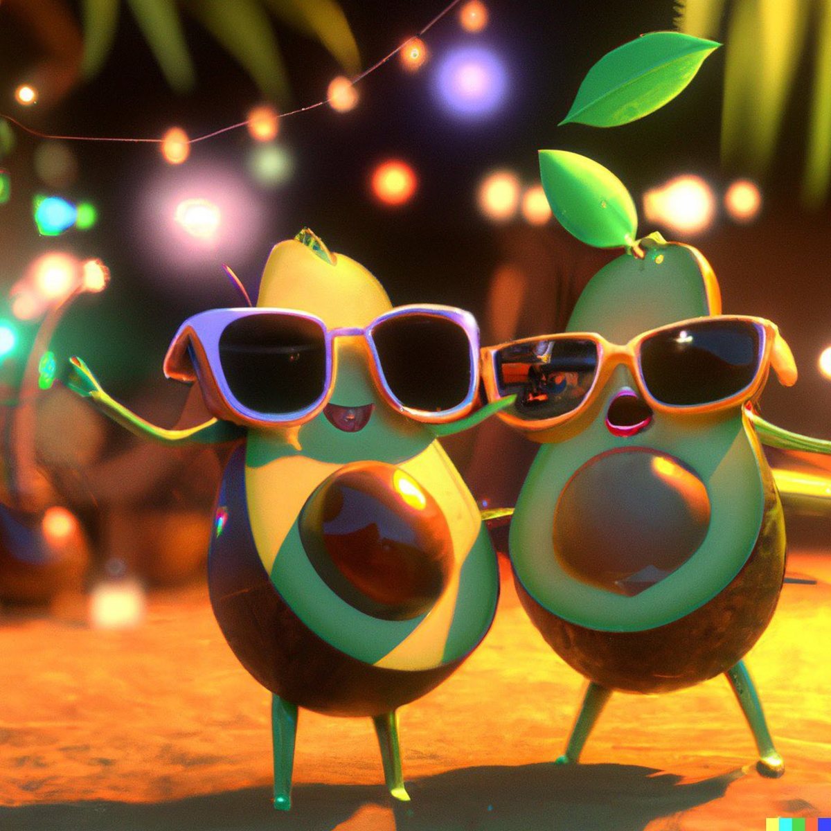 Avocados dancing, drinking, singing and partying at a Hawaiian luau (Actual text prompt used)