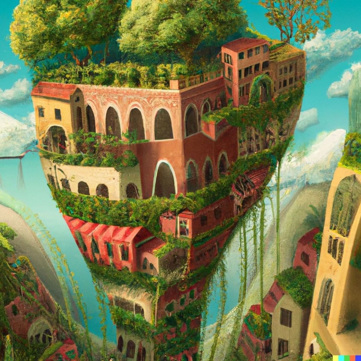 The Hanging Gardens of Babylon in the middle of a city, in the style of Dalí (Actual text prompt used)