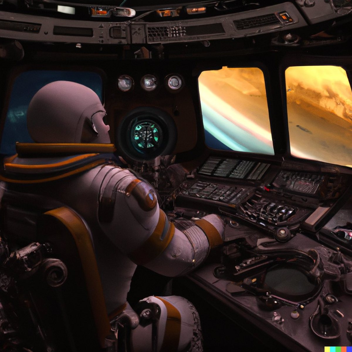 An astronaut sits within a futurist cockpit overlooking Jupiter (actual text prompt used)
