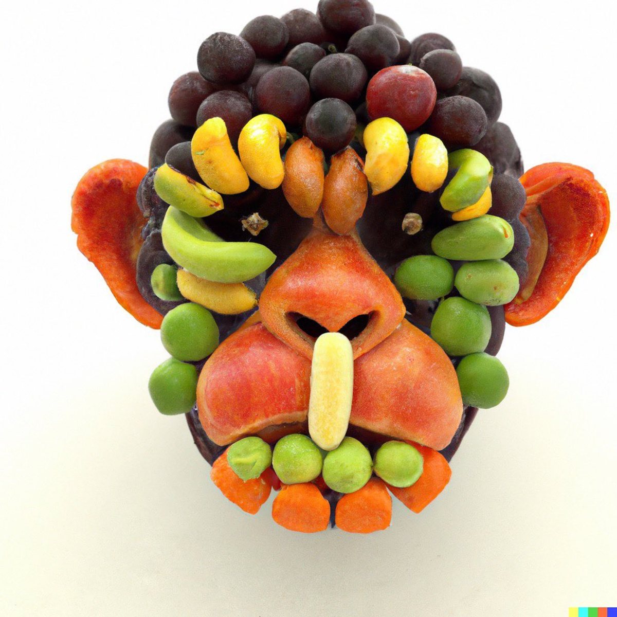 A monkey head that is only made out of fruit, 3D (Actual text prompt used)