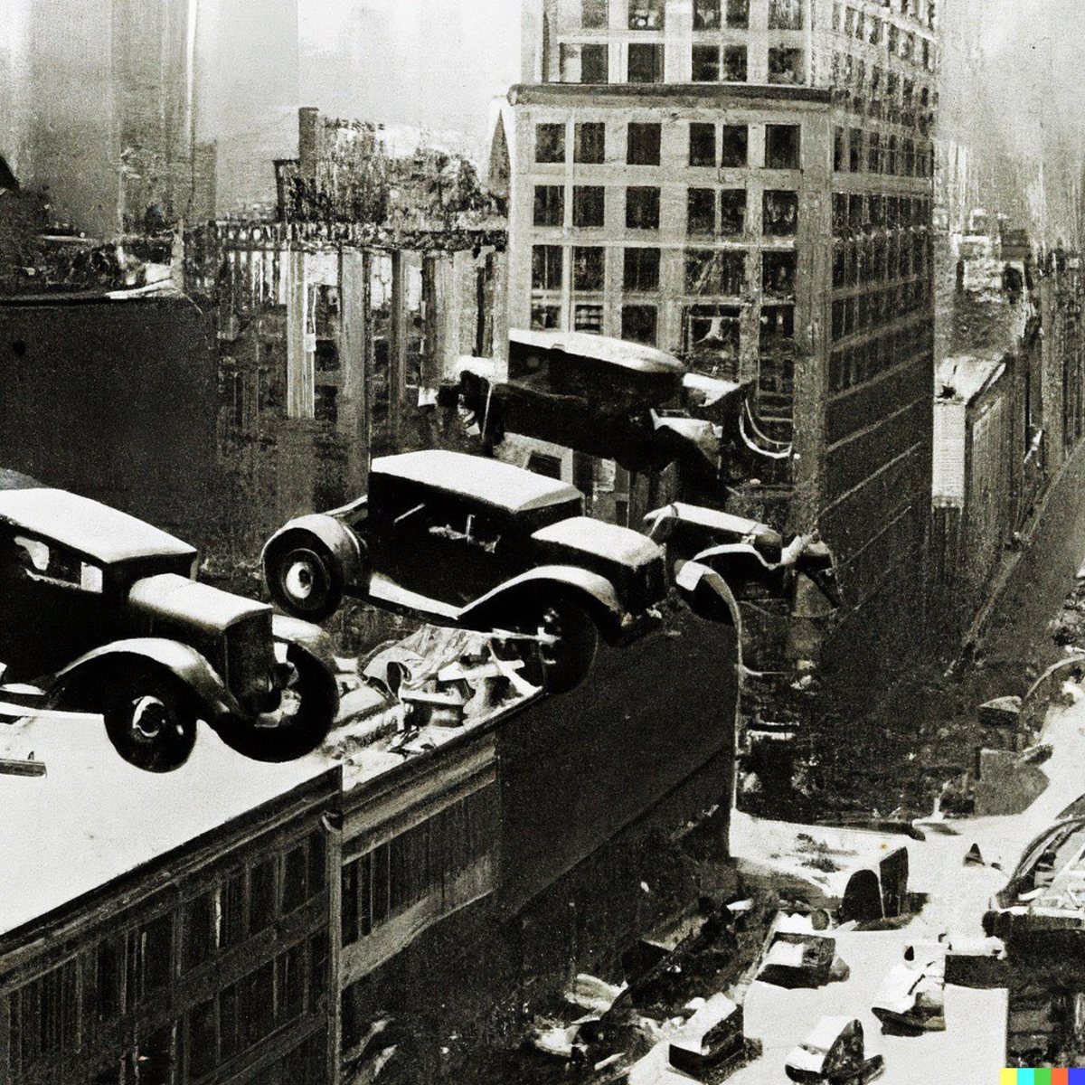 A highly detailed, vintage, grainy photo of flying cars in New York City (1936) - Actual text prompt used