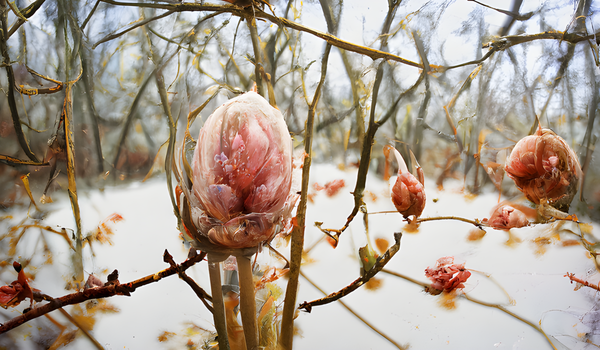 NOT a DALL-E 2 image! This was created by the author using the competing AI image generator called StarryAI using the prompt "Winter chilled spring bud heaven."
