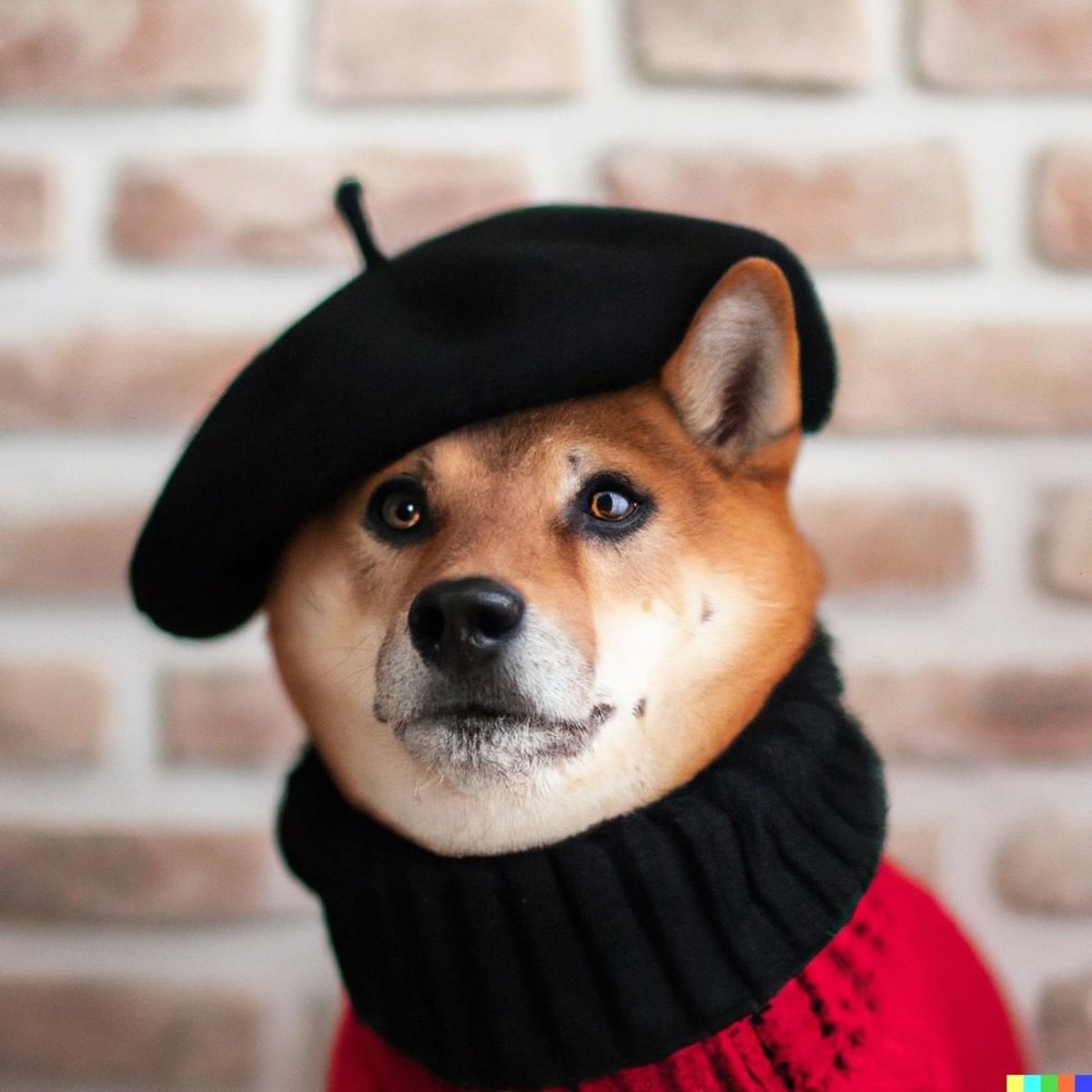 A Shiba Inu dog wearing a beret and black turtleneck (Actual text prompt used)