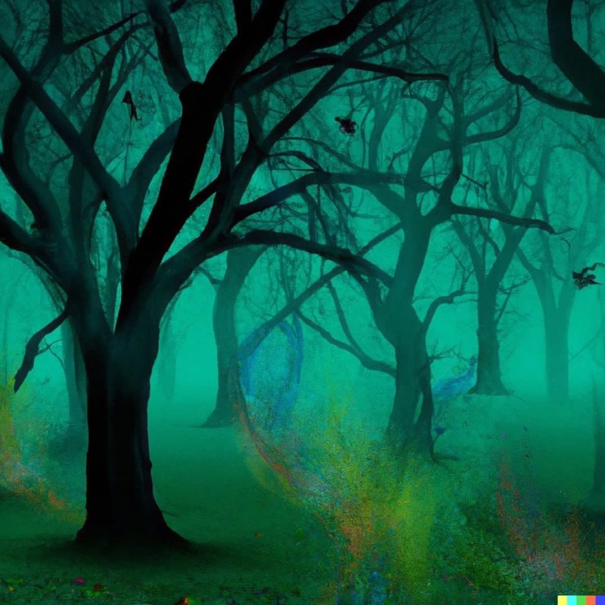A foggy magical halloween forest, childs storybook style  (Actual text prompt used)