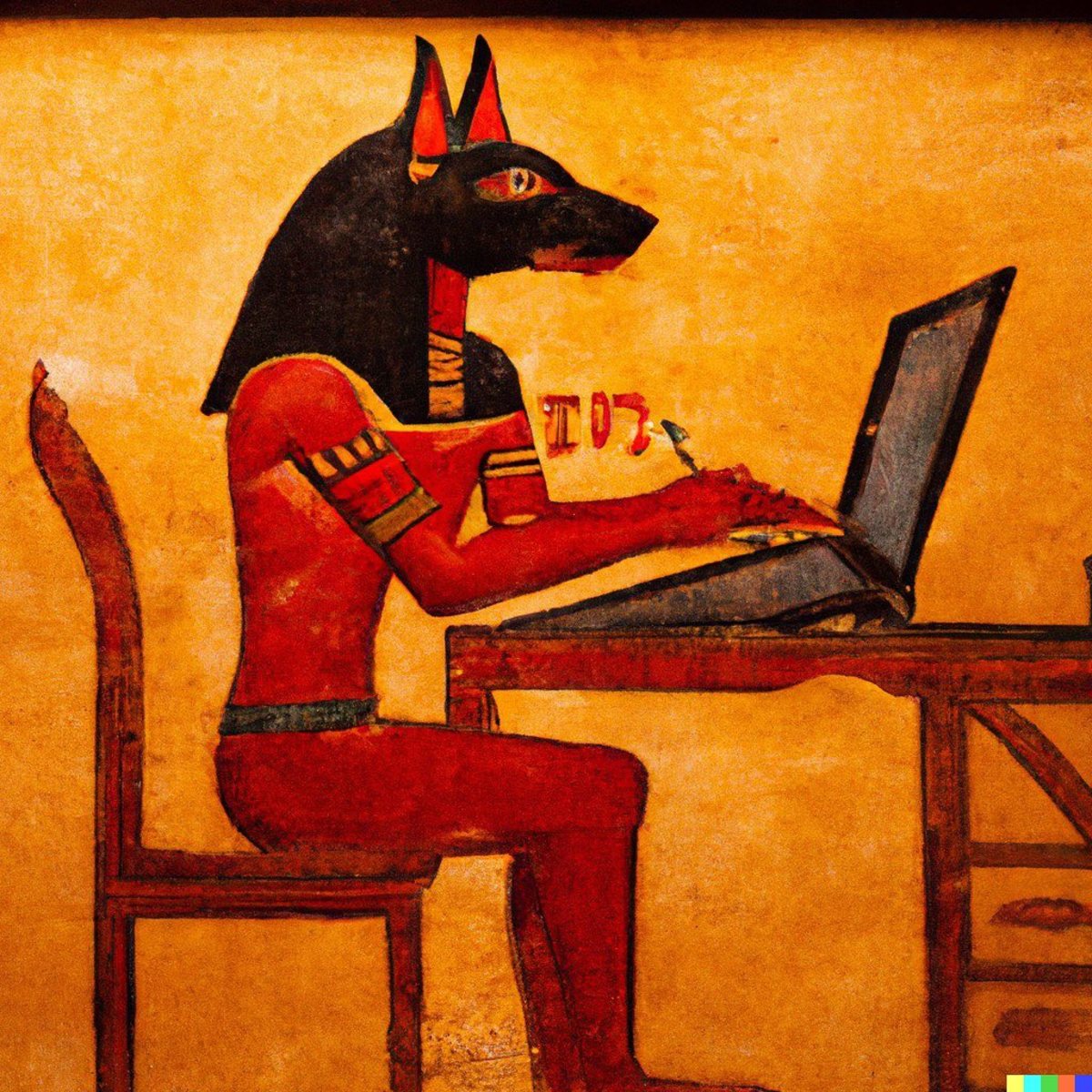 An ancient Egyptian mural of an Egyptian animal god using a computer (Actual text prompt used)