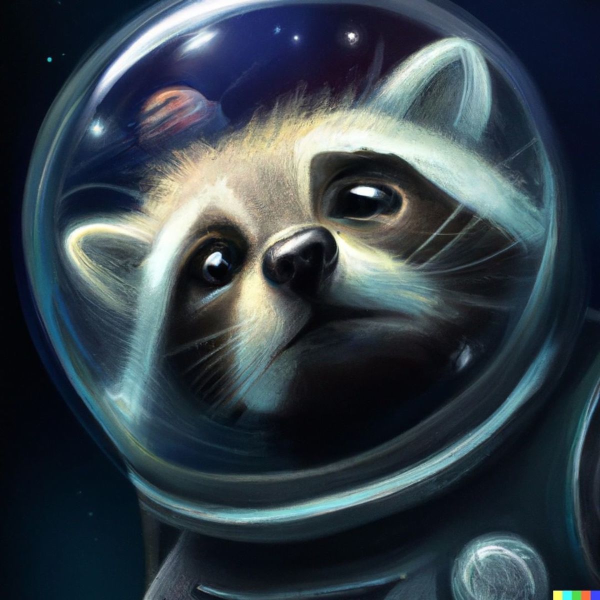 A raccoon astronaut with the cosmos reflecting on the glass of his helmet dreaming of the stars, digital art (Actual text prompt used)