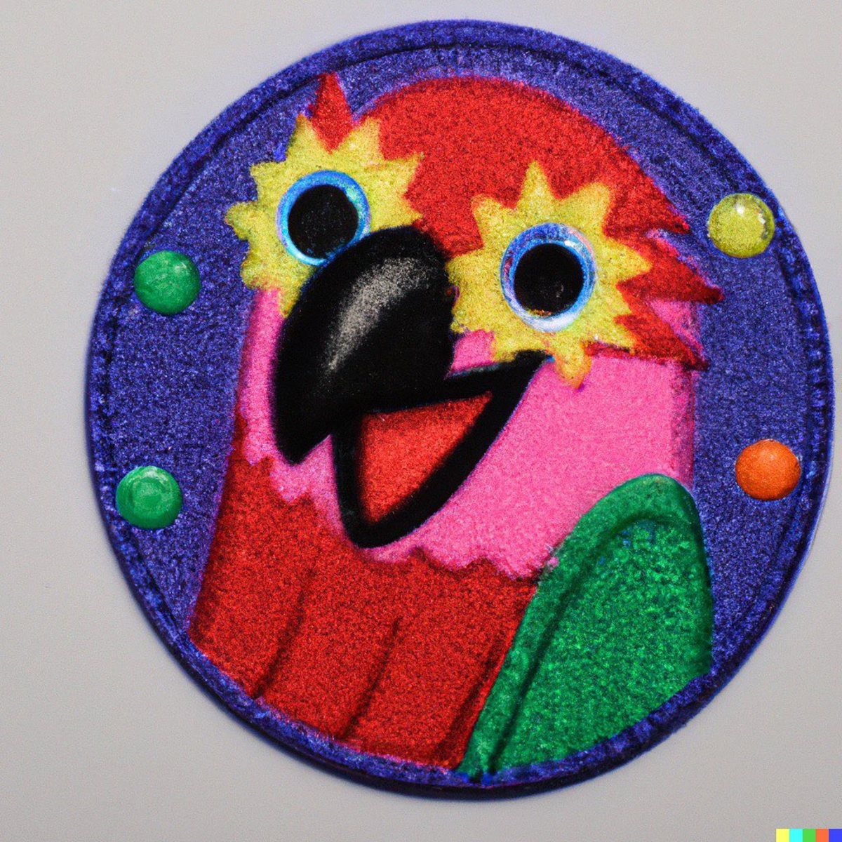 A photo of an embroidered patch of Party Parrot emoji (Actual text prompt used) Not a real patch; the whole image was generated from scratch by DALL-E