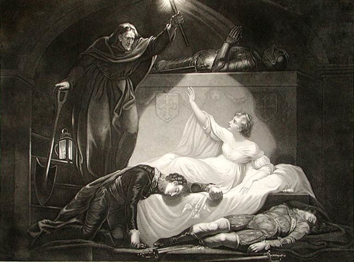 朱丽叶醒来发现罗密欧死了。劳伦斯修士向她解释了情况，并鼓励她在守夜人找到她之前逃离。