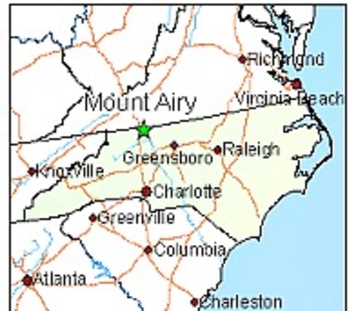 Mt. Airy, NC is located on the border of Virginia and North Carolina
