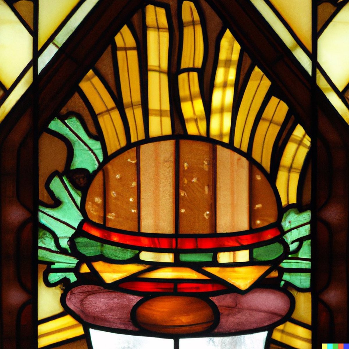 A stained glass window depicting a hamburger and French fries (Actual text prompt used)