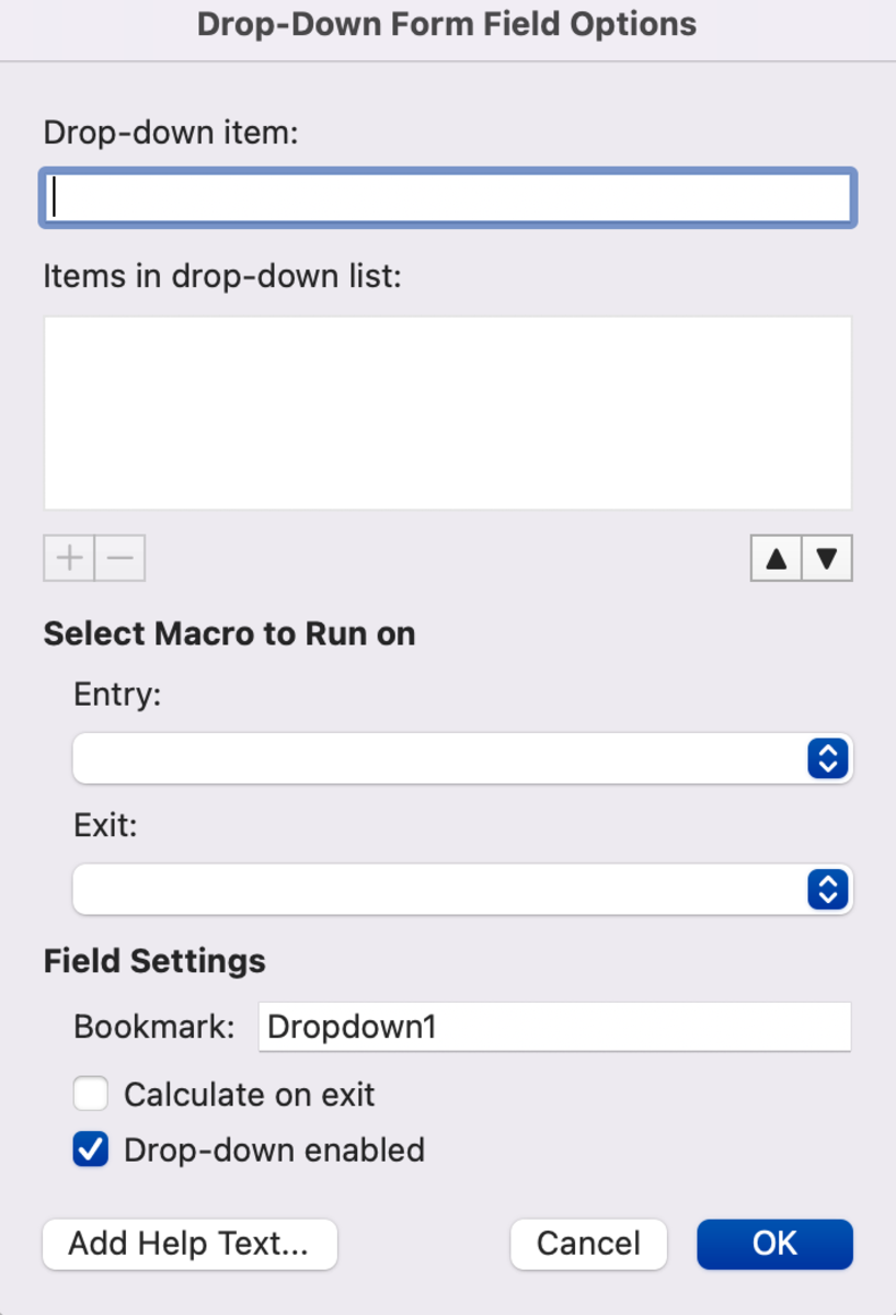 Note that there are macro options in the drop down that may be used in a combo box but not discussed in this tutorial. 